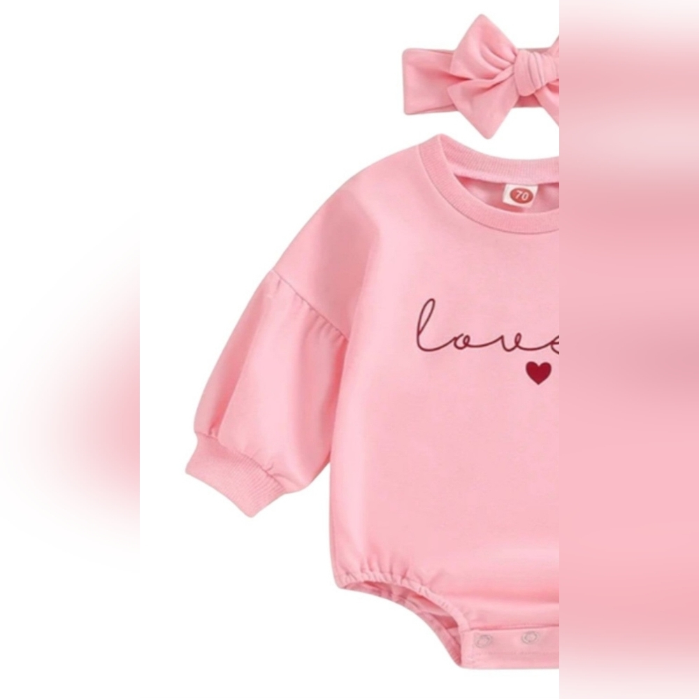 Baby Girls Valentines Loved Red Pink Heart Romper Bubble with Headband - Picture 2 of 7